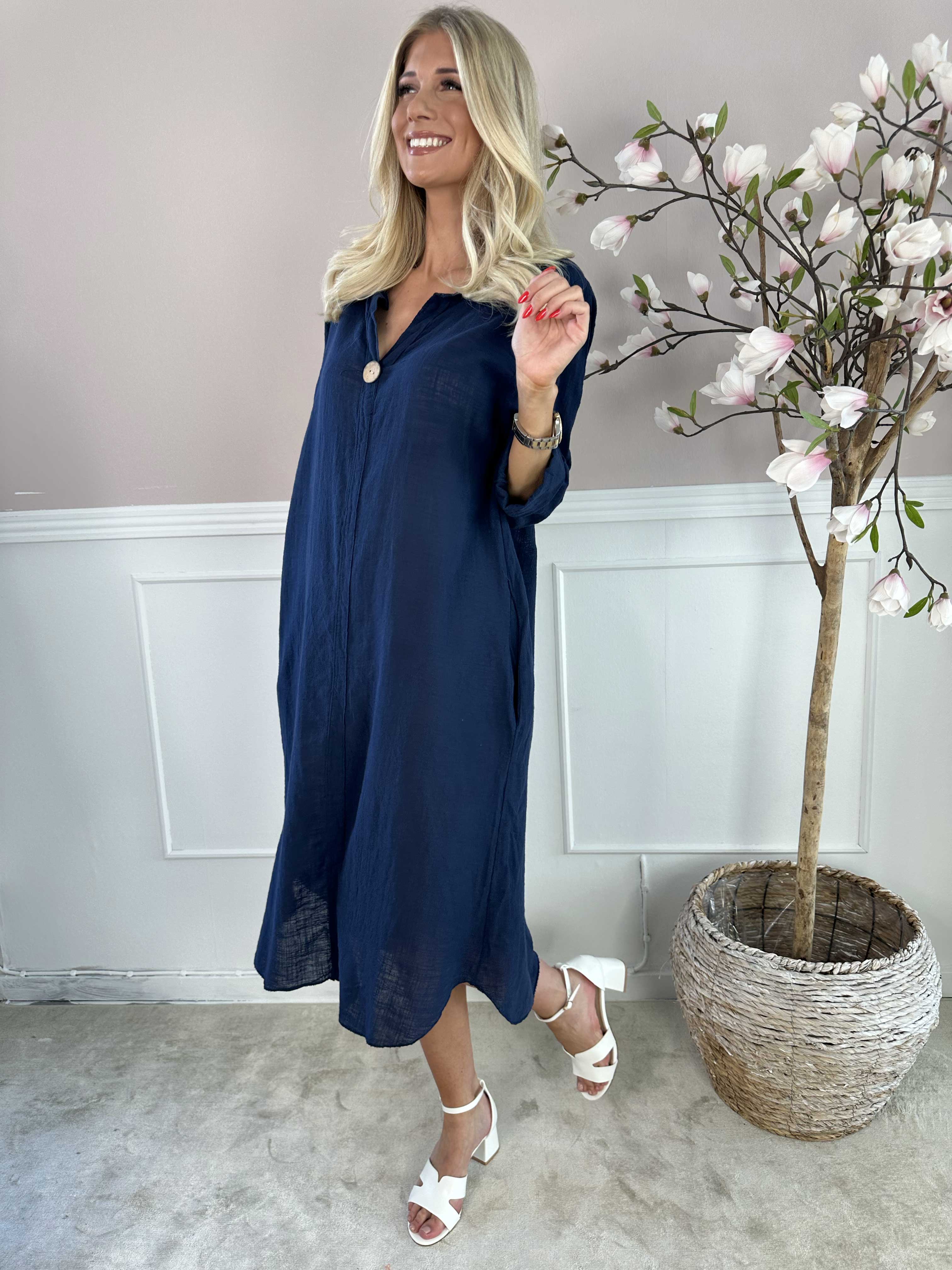 Arizona - Lang bomuldskjole i hørlignende stof